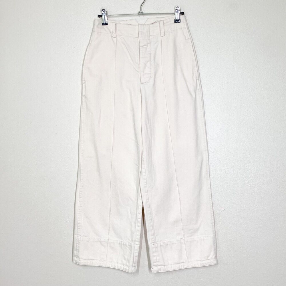 Bellerose Spree Trouser Pants 0 Ecru Cream Wide Leg Crop 100% Cotton High Waist